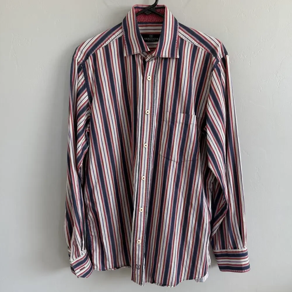 Bugatchi Uomo Shirt Mens Medium Red Striped Casual Button Up Long Sleeve